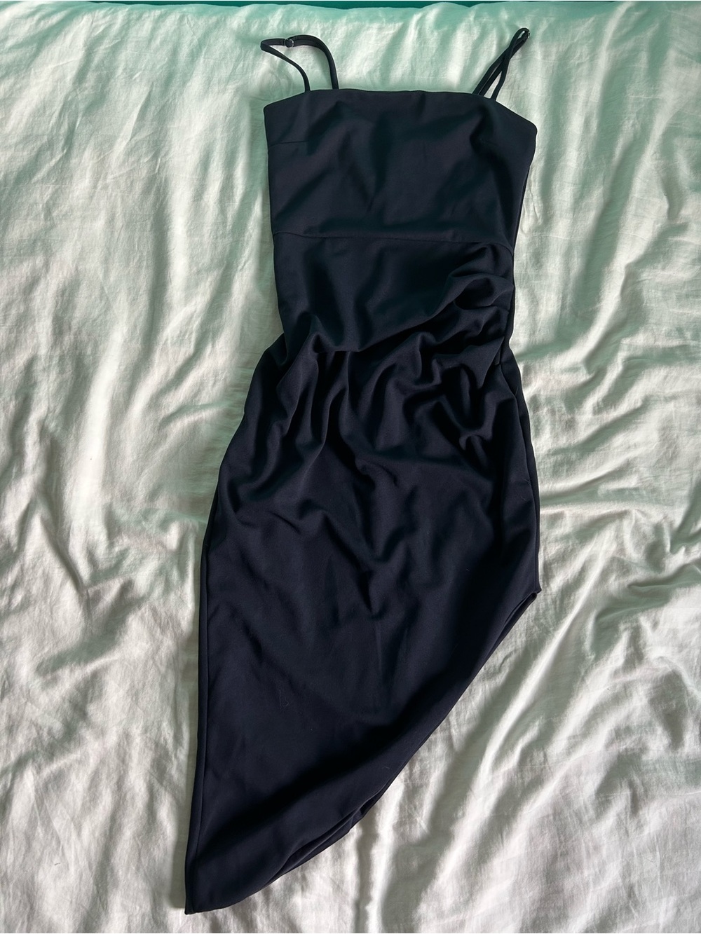 Blue Blush Navy Asymmetrical Slip Dress with Spaghetti Straps